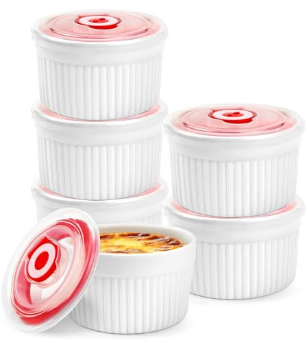 WPPQWP Creme Brulee Keramik Schälchen 6 Stück, Ø9cm 220ml Souffle Förmchen Mit Deckel, Backofenfest Puddingform, Dessertschalen, Mini Auflaufform Weiß, Zum Küchenbacken (Weiß - Ø9cm - 6er Set)