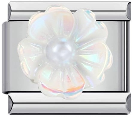 Pearl Camellia White Flower Charm Silver Italian 9mm Link Stainless Steel Bracelet Charm Compatible With Nomination 9mm Bracelet
