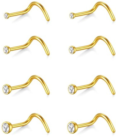 AceFun Nose stud Gold 8 Pieces 20G Gold l shape nose stud Nose Screw Rings Stud Earrings Stainless Steel l shaped nose stud Piercing Jewellery Clear CZ
