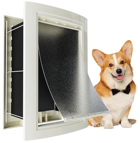 mestyl Dog Door for Wall, Pet Door, Doggie Door with Telescoping Tunnel, Double Magnetic Flaps and Sliding Lock Panels, 3-Flap Dog Door and Cat Door, Easy to Install, White, Medium