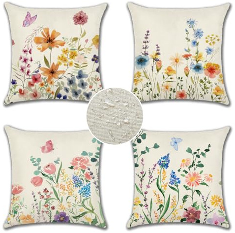 JOTOM 4er Set Outdoor Kissenbezüge, Dekorative wasserdichte Wurf Kissenbezug Moderne Kissenhüllen Sofakissen Dekokissen Zierkissenbezug für Wohnzimmer Garten Deko (45x45cm, Blumen Schmetterling B)