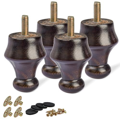 TCHOSUZ 2 inch / 6cm Wooden Furniture Legs, Pack of 4 Classic Walnut Solid Wood Turned DIY Replacement Bun Feet with M8 Hanger Bolts & T-Nuts for Sofa Couch Cabinet Ottoman Bed Riser