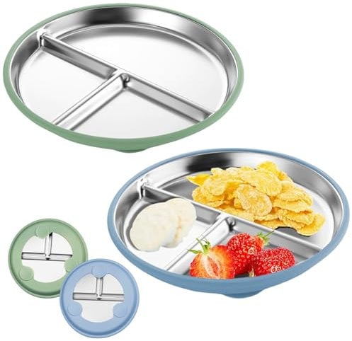 FloralGrace 2 Piezas de Platos de Acero Inoxidable para bebé con Ventosa, 23CM Platos divididos para niños con Cubierta de Silicona removible, Antideslizante e irrompible (Azul Verde)