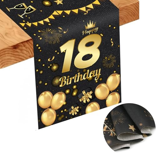 18th Birthday Table Runner, Black- Gold Party Tablecloth, 70.9 x 13.4 in | 18 Table Birthday Decorations for 50th Birthday Party Favor Photo Booth Props for Men Women