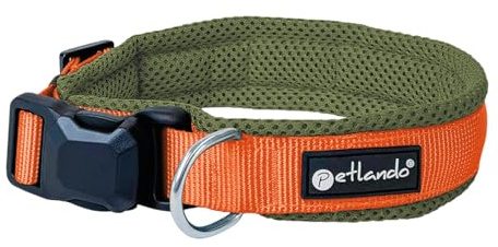 Petlando Hundehalsband mit innovativer Magnet-Schnalle, stufenlos verstellbar, weich gepolstert mit Mesh, atmungsaktiv, D-Ring, Magnetech Halsband für sehr kleine Hunde Olive/orange, XXS