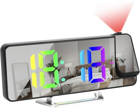 PCXWTLN ProjektionWecker, Anschluss Wecker Digital mit Projektion 8.1 RGB | 3 Stufen Temperatur Projektion Clock, Digital uhr mit Temperaturanzeige 180° Drehbarem, Dual-Alarm 12 / 24H Uhr,USB Aufladung
