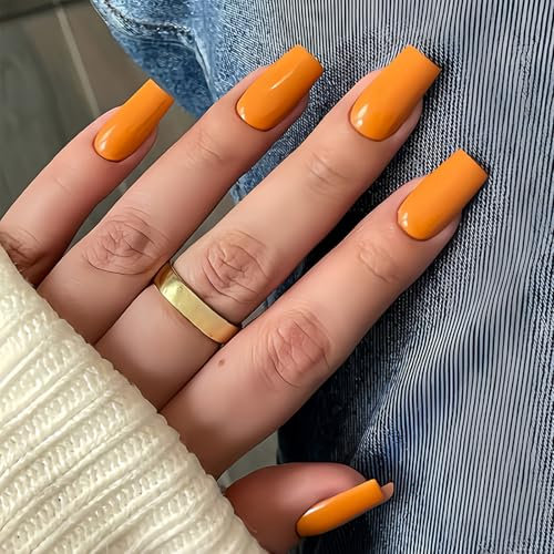 French Tip False Nails - Press on Nails Orange Medium Ballerina Acrylic Gel Fake Nails Pure Color Design - Reusable Glossy Stick on Nail with Adhesive Glue Stickers Nail Art Kit 24Pcs