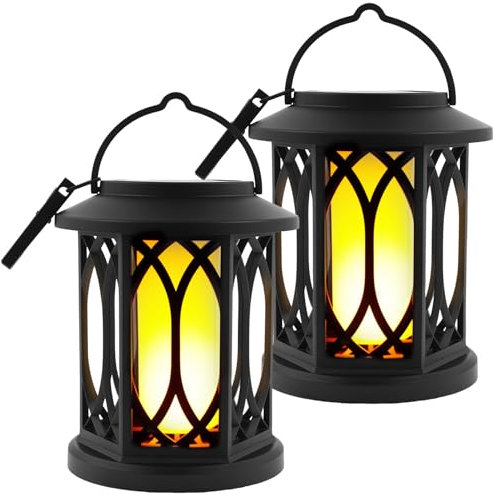 2 Stück Solar Laternen für Draußen, Wasserdicht Vintage Solar Lampe Outdoor mit Flammen Effekt LED Solarlampen Garten Hängend für Garten Camping Terrasse Balkon