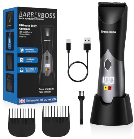 BarberBoss Cordless Beard Trimmer for Men, Body Groomer, Groin Hair Clipper with Adjustable Lengths, Wet/Dry Use & Smart Display, Rechargeable Grooming Kit for Sensitive Areas