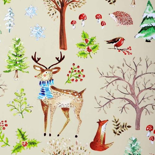 Geschenkpapierrolle XL Kleine Weihnacht | Dekor Hirsch Vogel Igel im Wald 75 cm x 200 m | Secare Geschenkpapier große Rolle | HUTNER