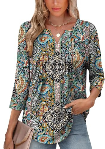 Desol Women's V Neck Top Long Sleeve Shirts for Women UK Ladies Blouse Tunic Tops Casual Office Vintage Boho XL