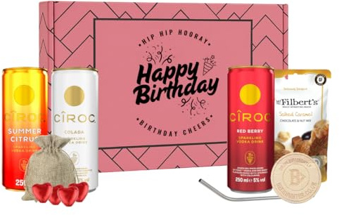 Ciroc Happy Birthday Gift Set – 3 x 250ml Ciroc Cans, Chocolate Hearts - Mr Filberts Snacks | Cocktail Gift Box | Alcohol Gift for Him or Her