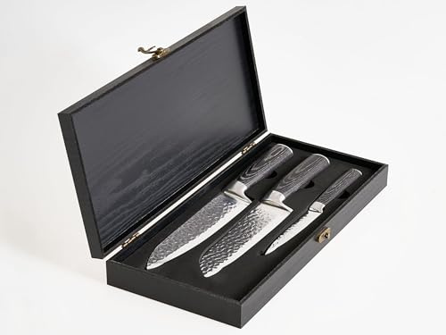 Messer-Set 3-teilig mit Geschenkbox Damaststahl Edelstahl schwarz 62 HRC Kashiwa