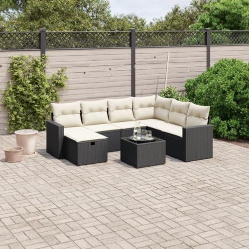 QJBSAVVA Ensemble de 8 canapés d'angle en rotin noir : canapé, accoudoirs, tabouret, table, coussins réversibles, modulables, résistants aux intempéries, balcon, terrasse