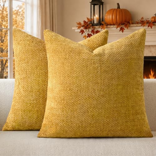 a moment Kissenbezug Herbst Gelb 45x45 Chenille 2er Set Kissenbezüge | Muster Deko Sofakissen Couchkissen Zierkissenbezug Waschbar Flauschig Kissenhülle für Sofa Bett Wohnzimmer Schlafzimmer