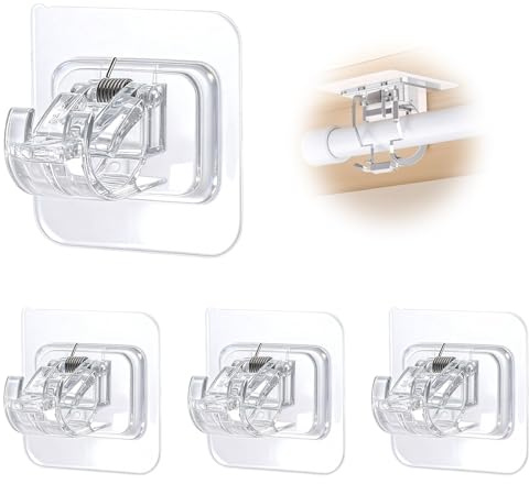 Support Tringle Rideaux Sans Percage Auto-Adhésif, Accroche Supports de Tringles à Rideau Réglable, Crochet Transparent Pour Tringles à Rideaux, Barres à Serviettes, Cuisine Salle de Bain Salon, 4Pcs