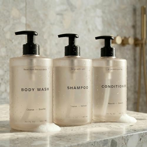 Modern Set of 3 Shower Soap Bottles with Pump and Labels 591ml