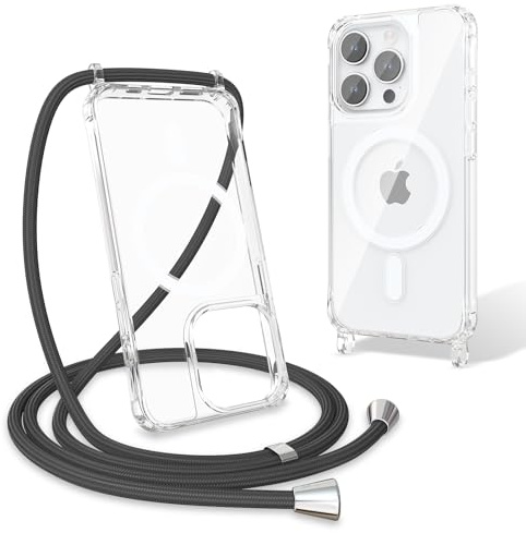 UCASONG Magnetic Clear Case with Lanyard for iPhone 13 Pro, Black | 6.1-Inch, Compatible with MagSafe, Clear Hard Back+Soft Bumper, Adjustable Crossbody Strap, Shockproof Protective Phone Cover