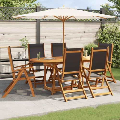 RMIHSJG 7-TLG. Garten-Essgruppe aus Massivholz Akazie mit 1 ovalem ausziehbaren Tisch und 6 Klappstühlen, Outdoor-Möbel für Terrasse, wetterfest und platzsparend faltbar, langlebige