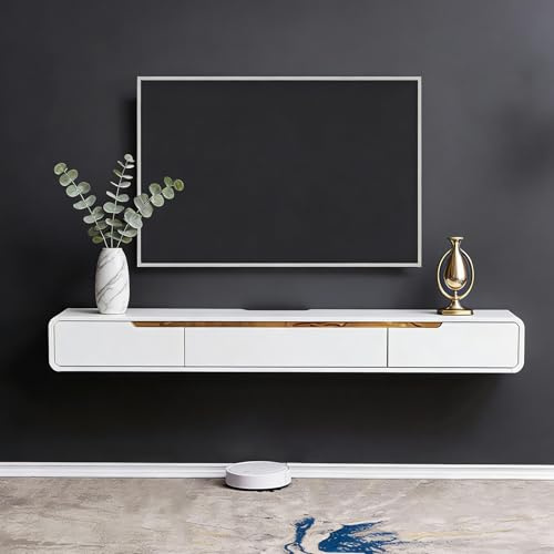 Dawselod Wandmontierter TV-Schrank aus Massivholz, 120-200cm Schwebender TV-Lowboard mit Tür und Seitentür, Moderner Hängender Fernsehschrank für Wohnzimmer und Schlafzimmer (A weiß, 160CM)