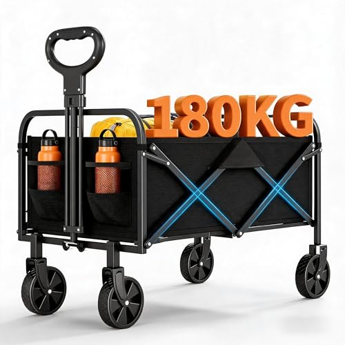 Koioplie XXL Bollerwagen Faltbar 120L 180kg Schwarz | Großer Handwagen mit faltbarem Design und stabilem Rahmen. Praktisch für Garten, Camping und Freizeit
