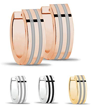 Treuheld® | Gestreifte Bicolor Creolen Ohrringe | Edelstahl | 7mm x 12mm | Roségold/Silber | zweifarbige Klappcreolen | Damen + Herren | Set Paar