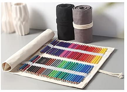 Amoyie Faltbare Stifterolle für 120 Buntstifte und Bleistifte, Leinwand Wrap Roll-up Mäppchen mit kleinen Kordelzugbeutel für Messer Radiergummi (keine Schreibzeuge im Lieferumfang), Grau 120 Holes
