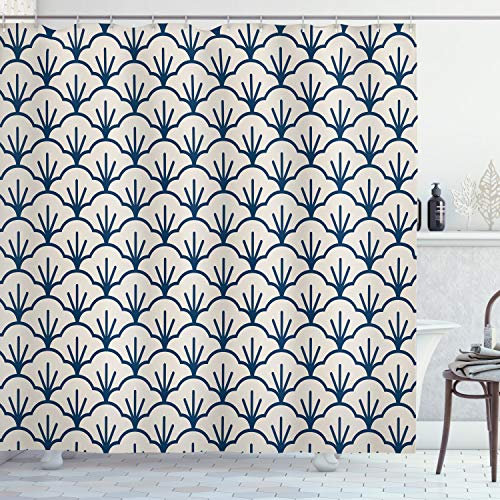 ABAKUHAUS Art Deco Duschvorhang, Eastern Cloud-Motiv, Stoffliches Gewebe Badezimmerdekorationsset mit Haken, 175 x 220 cm, Dark Blue Creme