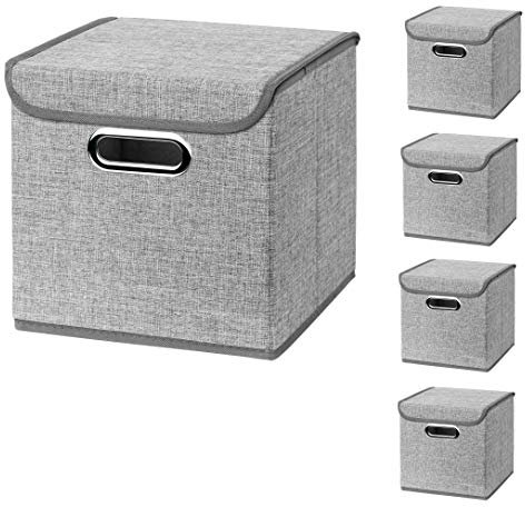 CM3 5 Stück Hellgrau Faltbox 25 x 25 x 25 cm Aufbewahrungsbox faltbar, mit Deckel
