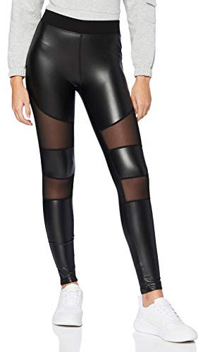 Urban Classics Damen Ladies Tech Mesh Faux Leather Leggings, Schwarz, XL