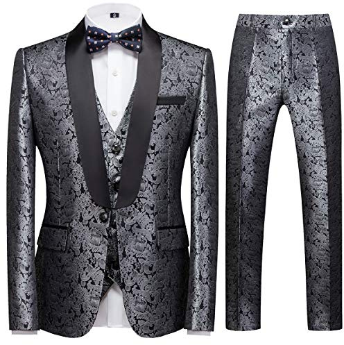 Sliktaa Men Three Piece Jacquard Tuxedo Suit Wedding Set, Silver, 3XL