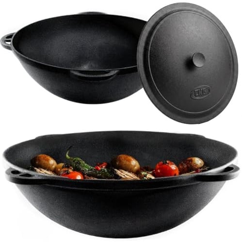 CKG Kazan Gusseisen Topf 22 L, Usbekischer Dutch Oven Ohne Füße Für Plov, Grill Und Feuerstelle, Schwerer Schmortopf Mit Deckel Für Outdoor Küche Und Camping