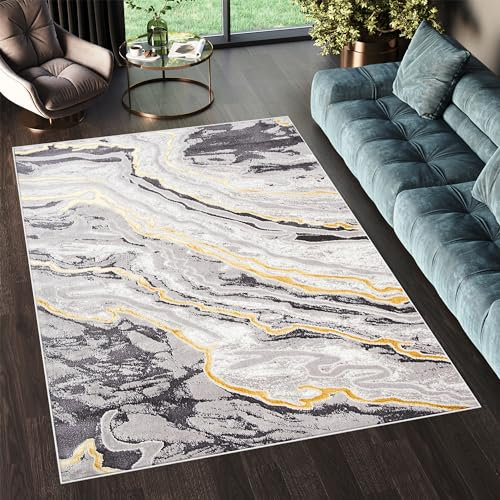 TAPISO Shine Teppich Kurzflor Dunkelgrau Hellgrau Gold Marmor Wohnzimmer Schlafzimmer 3D Optik Modern Design ÖKOTEX 200 x 300 cm