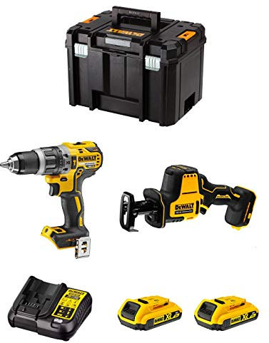 DeWALT Kit DWK204 (Taladro Percutor DCD796 + Sierra Sable DCS369 + 2 Baterías de 2,0 Ah + Cargador + TSTAK VI)
