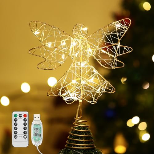 Lewondr Puntale per Albero di Natale a Forma di Angelo, 9,8 Topper con Base a Molla Telecomandato Alimentato da USB con 8 Modalità di Luce, Oro