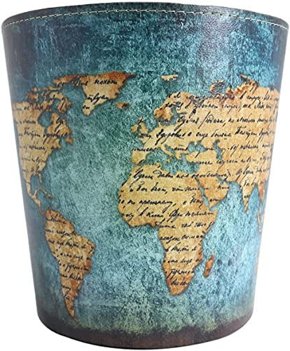 AOOPOO Mülleimer aus Leder – 10 l Mülleimer – Vintage-Papierkorb – 25 x 20 x 27 cm (Weltkarte)