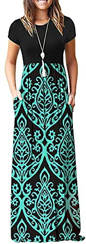 AUSELILY Mujer Verano Vestido Señorita Maxi Vestido de Manga Corta Bolsillo