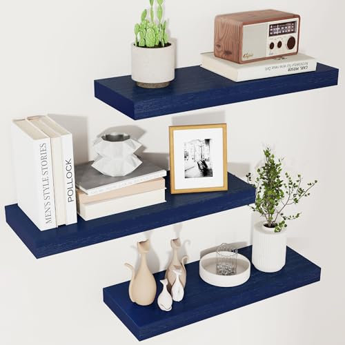 Solid Wood Floating Wall Shelves Set of 3 - Modern Blue Shelves for Wall Decor Storage in Bedroom, Living Room, Bathroom, Kitchen
