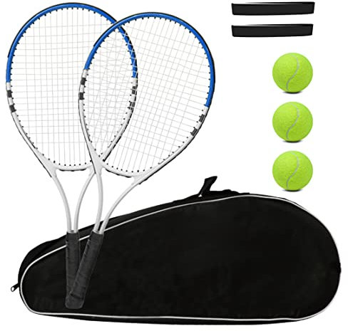 Tennisschläger, vorbespannt, leicht, 68.1 cm, Schläger, Freizeitschläger für Erwachsene, für Männer, Frauen, Tennisstarter-Set mit Bällen, Tragetasche und Übergriffen (blau/weiß – 2 Schläger)