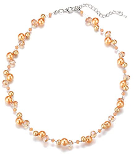 Bulinlin Damen Kristall Perlenkette Silber Boho Statement Choker Halskette für Frauen Modeschmuck Geburtstagsgeschenke(Orange)