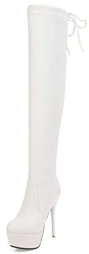 Lroey Reoly Stivali da Donna Sopra Il Ginocchio con Tacco a Spillo, Stivali da Vestito Eleganti Zip Stivali Alti Tacco Alto Punta Rotonda con Plateau Stivali Invernali 348 Bianco Numero 37 EU