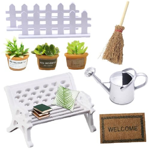 Weploda 9 Pezzi Set da Giardinaggio In Miniatura Casa Delle Bambole, 3 Mini Piante, 1 Panca, 1 Scopa, 1 Tappeto, 1 Annaffiatoio, 2 Staccionate. Adatto per Decorare Mini Giardino