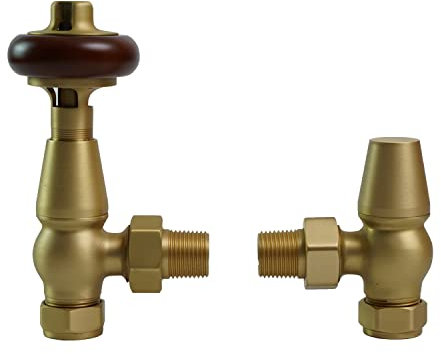 NRG Traditional Antique Angled Central Heating Radiator Valve 15mm Thermostatic + Lockshield Valve Brushed Brass with Red Hand Wheel