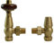 NRG Traditional Antique Angled Central Heating Radiator Valve 15mm Thermostatic + Lockshield Valve Brushed Brass with Red Hand Wheel