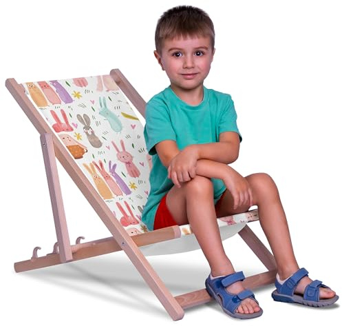 DreamRoots Kinder Liegestuhl Holz Gr. S, Colorful Rabbits | Klappbarer Campingstuhl faltbar, für Garten & Strand, bis 130 kg, waschbarer Bezug, 100% Polyester, UV-beständig, Kinderliege