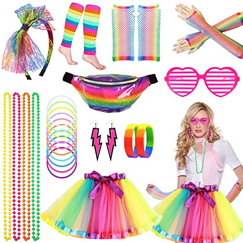 Aonuily 80s Fancy Dress for Women, 1980s Party Costume Accessories Set Tutu Skirt Leg Warmers Earrings Fishnet Gloves Glasses Bracelet Necklace Headband for 80s Party Dress up Day