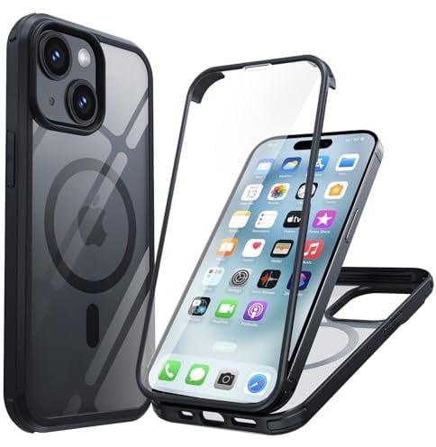 Holidi iPhone 15 Hülle, iPhone 15 360 Grad Hülle Magsafe, Vorne und Hinten 360 Grad Magnetisch Handyhülle Schutzhülle mit Eingebautem 9H Panzerglas Displayschutz. Schwarz