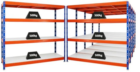 PROREGAL Mega Deal | 5X Profi Schwerlastregal Rhino | HxBxT 180x200x60cm | 4 Melamin-Ebenen 16mm | Fachlast 500kg | Blau-Orange | Garagenregal Lagerregal Steckregal Weitspannregal
