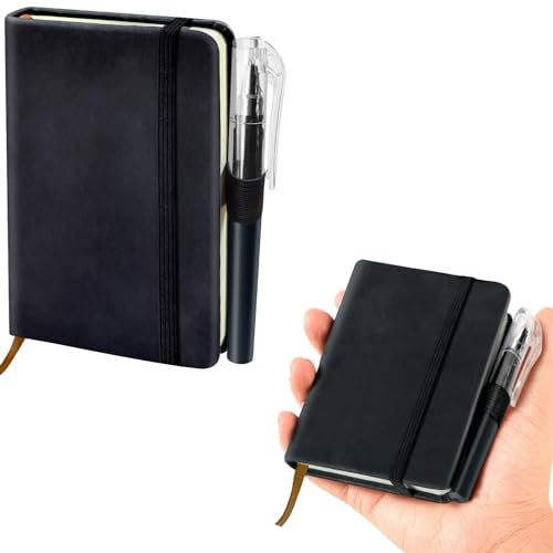 sesameless Pocket Notebook, A7 PU Leather Cover Small Pocket Notebook with Pen Holder and Elastic Band for Writing Note Taking Plans Memos (Black)