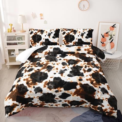Nttopship Bettwäsche-Set mit Kuhfell-Druck, Doppelbettgröße, schwarzes und braunes Rindsleder-Bettwäsche-Set, Punktemuster, bedruckt, gestepptes Set für Teenager, Jungen, Erwachsene, mit 1 Bettdecke